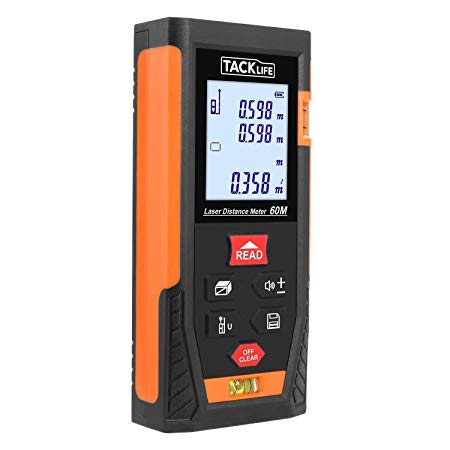 Tacklife HD60 Classic Laser Measure 60m(196Ft) M/In/Ft Portable Laser Distance Meter with 2 Bubble Levels, Mute Function and Pythagorean Mode Measure Distance, Area and Volume - Carry Pouch, Wrist Strap and Battery Included