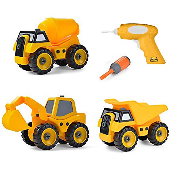 Build Me Set of 3 Take Apart Construction Truck Toys - Dump Truck, Cement Truck, Excavator Truck with Sounds – Educational Build It Yourself with Battery Powered Drill - Hours of Fun - Toddlers Engine
