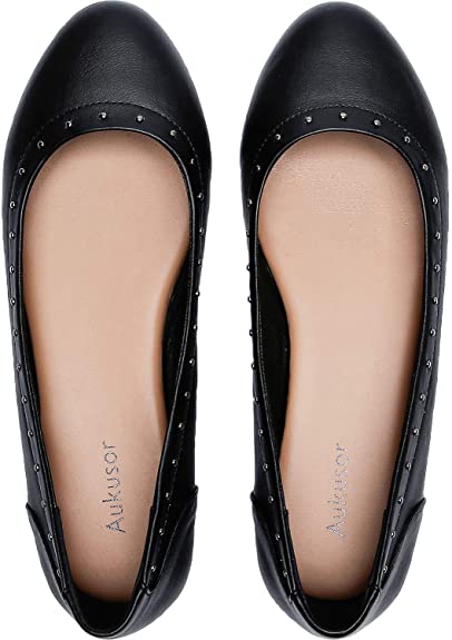 Aukusor Women's Wide Width Flat Shoes - Cozy Pointy Toe PU Leather Slip On Ballet Flat.