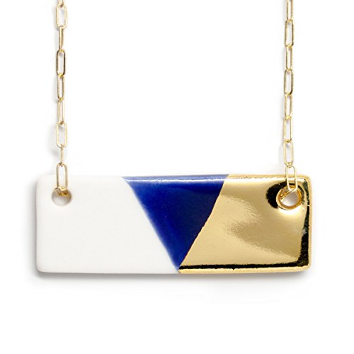 Large Blue and Gold Bar Necklace, Handmade Gold and Porcelain Rectangle Necklace