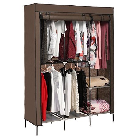 Homdox Foldable Clothes Wardrobe Closets Double Rod Non-woven Fabric Storage Organizer w/Shelves (Coffee)