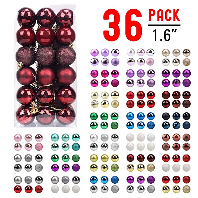 walsport Christmas Balls Ornaments for Xmas Tree - 36ct Plastic Shatterproof Baubles Colored and Glitter Christmas Party Decoration 1.6inch Set (Wine Red)