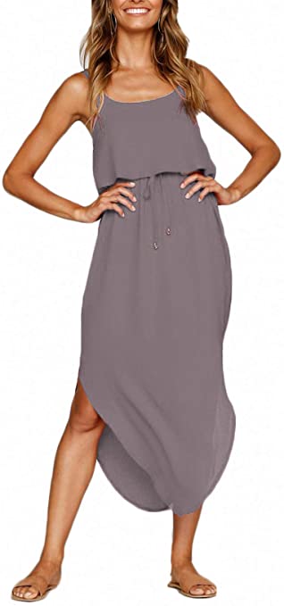 NERLEROLIAN Women's Adjustable Strappy Split Summer Beach Casual Midi Dress