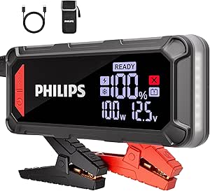 PHILIPS 2300A Car Battery Jump Starter, 12V Powerful Jump Starter (8.5L Gas 6L Diesel Engine) 16000mAh Portable Lithium Jump Starter Battery Pack with 100W Quick Charge,DC Output,LED Screen,LED Light