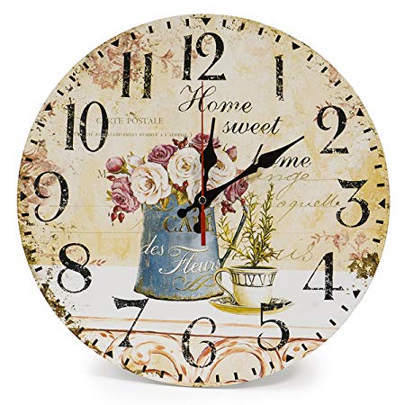 LOHAS Home 12 Inch Silent Vintage Design Wooden Round Wall Clock, Vintage Arabic Numerals Design Rustic Country Tuscan Style Wooden Decorative Round Wall Clock(Cafe & Flower)
