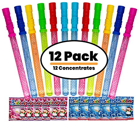 Bubble Wands for Kids Party - 12 Pack 14" Big Bubble Wands   EXTRA 12 x Solution Concentrates, Birthday Party Favors, Big Bubbles for Kids Activity Toy Wand, Perfect Summer Favor Bubble Toys