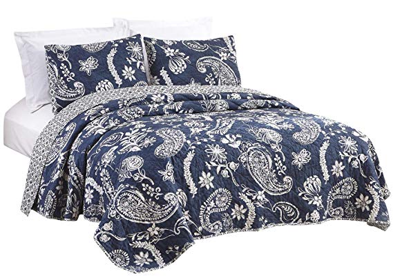 PHF Cotton Quilt Coverlet Set Breathable Soft Cozy for Winter Printed 3-Piece Bedspread and Pillow Sham Luxurious Floral Pattern Queen Size Navy Blue