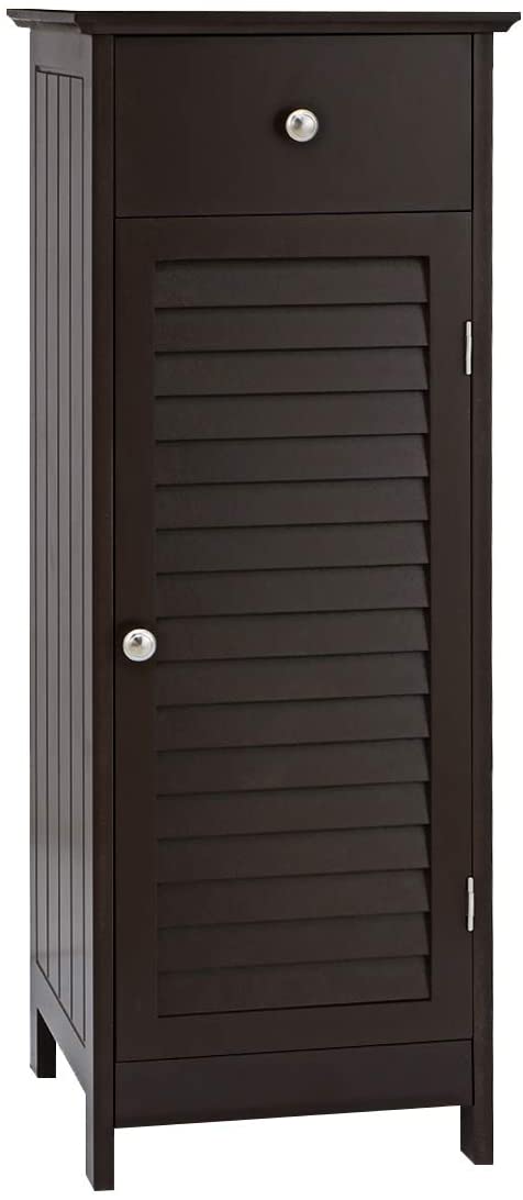 KINGSO Bathroom Floor Storage Cabinet, Standing Cabinet with Drawer and Single Shutter Door for Home Office,12.6x11.8x34.3inch-Brown