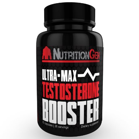 Ultra-Max Testosterone Booster Supplement for Men by NutritionGen - Increased Libido Muscle Growth Energy Focus and Vitallity - Ideal for Bodybuilders - 90 Day No Quibble Guarantee