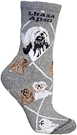 Lhasa Apso on Gray Ultra Lightweight Cotton Crew Socks - Made in USA