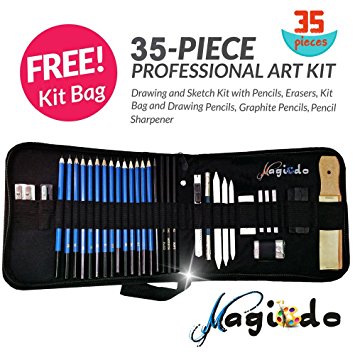 Magicdo 35 Pcs Drawing Pencils, Sketching &Drawing Pencils Set with Case Includes Sketch , Erasers, Charcoal Pencils, Graphite Pencils, Sticks ,Art supplies for pencil sketch pencil drawings(35 Pcs)