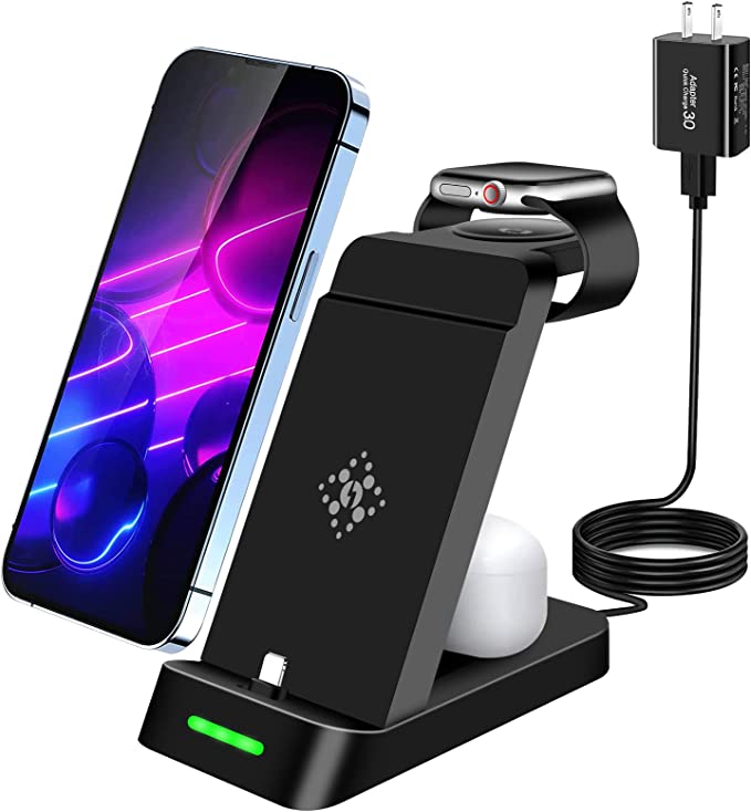 Charging Station for iPhone Multiple Devices, 3 in 1 Wireless Charging Dock Stand Compatible with Apple Watch Series 8 7 6 SE 5 4 3 2 & iPhone 14 13 12 11 Pro Max Xs XR 8 7 Plus Airpods with Adapter