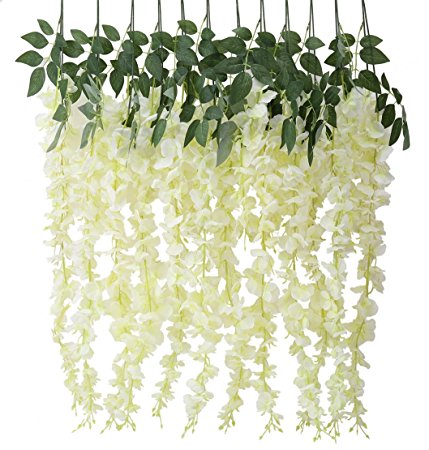 Houda Artificial Fake Wisteria Vine Ratta Silk Flowers for Garden Wedding Decor (Milk white)