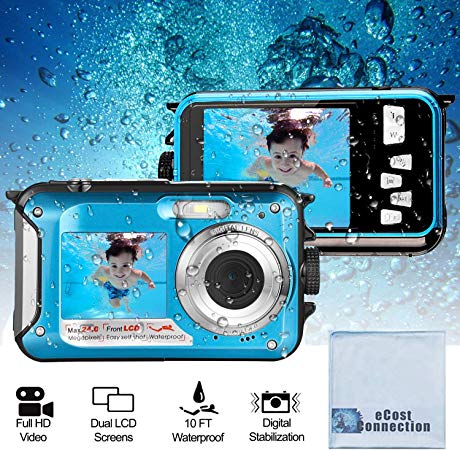 Acuvar 24MP Megapixel Waterproof Dual Screen Full HD 1080P Digital Camera for Under Water Photo and Video Recording for Selfies with LED Flash Light for Adults and Kids (Blu)   Microfiber Cloth