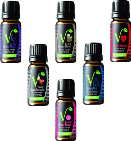 Vyver Essential Best 6 Aromatherapy Blends Set- Stress Relief, Head Ease,Health Shield, Breathe, Deep Muscle, Good Night.
