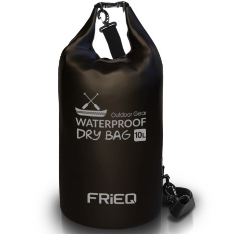 FRiEQ Dry Bag Backpack for Outdoor Activities - Waterproof Bag Guaranteed - Perfect for Boating  Kayaking  Fishing  Rafting  Swimming  Floating  Camping - Protects Phones  Camera  Clothes  Documents from Water Dust and Dirt - 10L Black