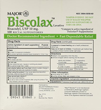 Bisacodyl 10 MG Laxative Rectal Suppositories Generic for Dulcolax 100 Unit Dose/Box
