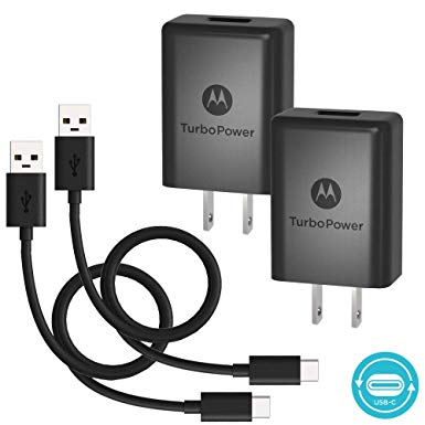 [2 Pack] Motorola TurboPower 15  QC3.0 Chargers w/ 6.6ft USB-C cables- Moto X4,Z2 Force/Play,Z3 Play,G6,G6 Plus (Retail Box)