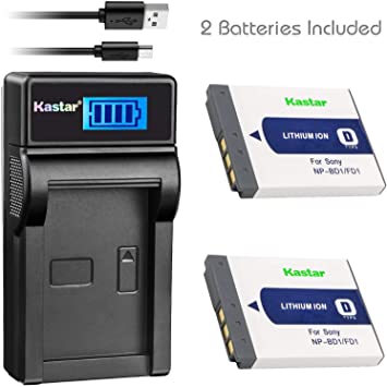 Kastar Battery (X2) & LCD Charger for Sony NP-BD1, NP-FD1, BC-CSD and Cyber-Shot DSC-G3, DSC-T2, DSC-T70, DSC-T75, DSC-T77, DSC-T90, DSC-T200, DSC-T300, DSC-T500, DSC-T700, DSC-T900, DSC-TX1 Cameras