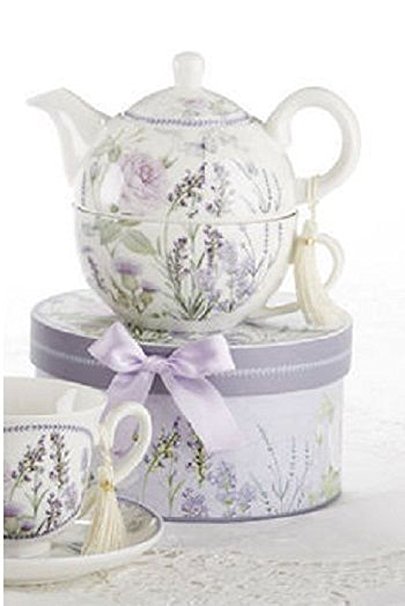 Porcelain Tea for One Tea Pot, Lavander and Pink Rose Pattern, Matching Keepsake Box