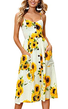 Oops Style Women's Summer Dresses, Floral Boho Spaghetti Strap Button Down Swing Midi Beach Dress with Pockets