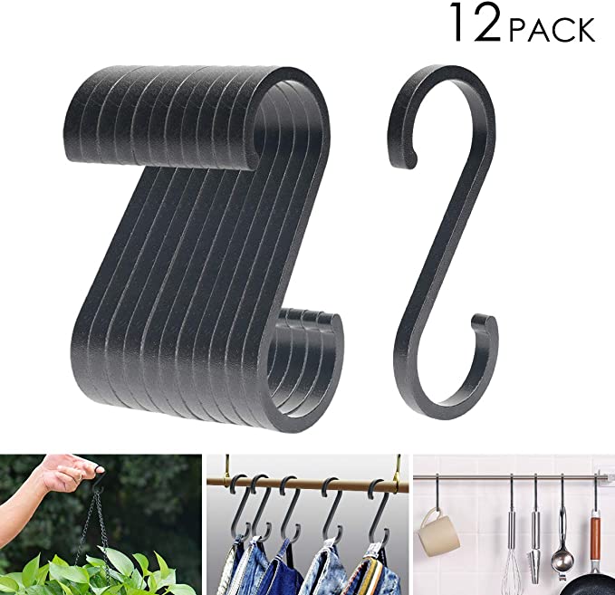 WINCANG 12 Pack S Hooks Black Aluminum S Shaped Hooks Heavy Duty Lightweight S Hanging Hangers Hooks for Pots, Pans,Plants, Cups, Bags,Clothes,Towels (Black, 12)