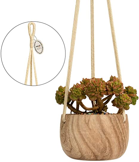 Mecai 5 Inch Ceramic Hanging Planter Macrame Plant Holder Cute Succulent Cactus Pot with Cotton Rope Hanger for Indoor Outdoor Decor(Light Brown Stripe)