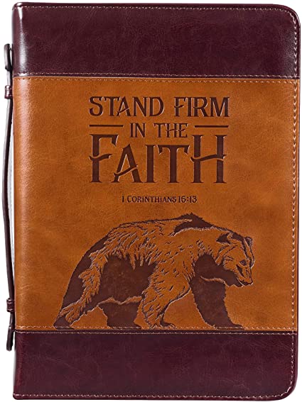 Brown Faux Leather Classic Bible Cover | Stand Firm in Faith 1 Corinthians 16:13 Bear | Bible Case Book Cover for Men/Women, Large