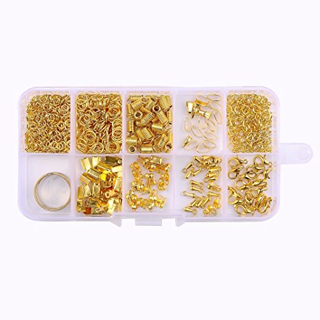 10 kinds of Jewelry Findings In A Box(600pcs/box) Kit with 440 Pcs Gold Open Jump Rings 4mm 6mm,15 Pcs Lobster Clasps 10mm,90 Pcs Iron Fold Over Cord Pendant Clasps Chain Extension Alloy Drop End