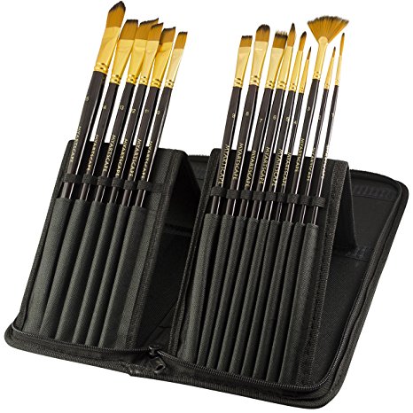 Paint Brushes - 15 Pc Brush Set for Watercolor, Acrylic, Oil & Face Painting | Long Handle Artist Paintbrushes with Travel Holder (Black) & Free Gift Box | Premium Art Supplies by MyArtscape™ | 1 Year Warranty