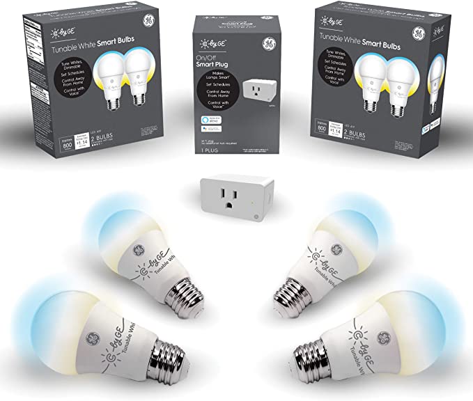 C by GE Smart Bundle Pack with 4 Smart Bulbs and Smart Plug (4 LED A19 Tunable White Bulbs   On/Off Smart Plug), Works with Alexa and Google Assistant, WiFi Enabled
