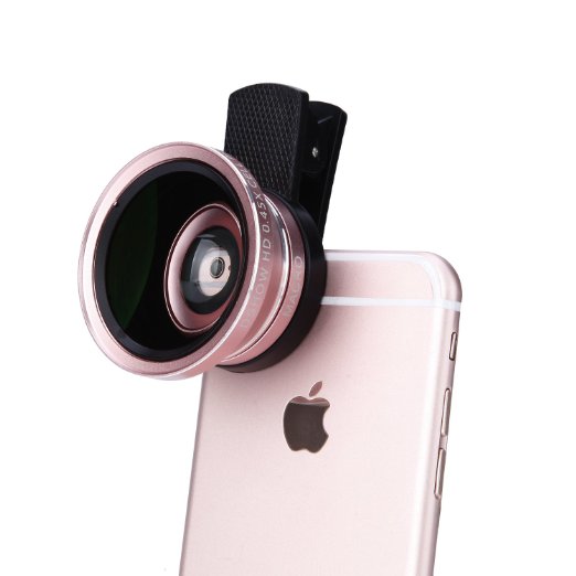 DSHOW Universal Professional HD Camera Lens Kit for iPhone 6s / 6s Plus / 6 / 5s, Mobile Phone (0.45x Super Wide Angle Lens, 12.5x Super Macro Lens, Gold Rose)