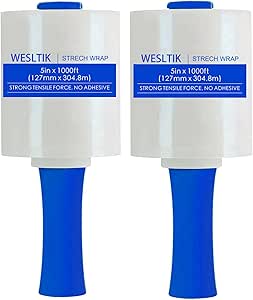 WELSTIK Stretch Film - 80 Gauge 5 Inch x 1000 Feet Shrink Wrap for Pallet Wrap,with Blue Anti-Slip Handle, Protect Your Goods with Ease,2 Pack, Clear