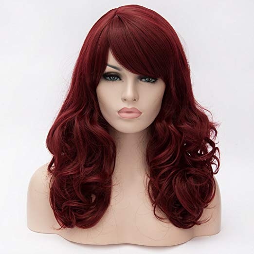 Cying Lin 18" Long Curly Wine Red Heat Resistance Fiber Synthetic Hair Party Natrual Wigs Peluca (RED WINE)