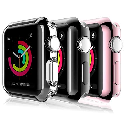 [3 Pack] L K Case for Apple Watch 42mm Series 2 3 with Built-in TPU Screen Protector iWatch All Around Protective Case HD Clear Slim Thin TPU Cover (Clear, Black, Rose Gold)