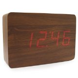 JCC Wooden Series Mini Rectangle Wood Grain Calendar Thermometer Activated Desk Super Soft Night Light LED Digital Alarm Clock Brown Wood - Red LED