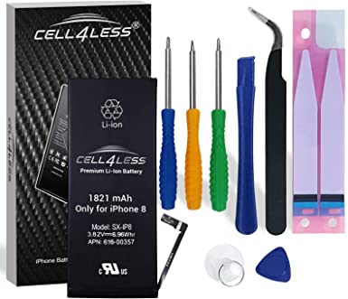 CELL4LESS Battery Replacement Kit for iPhone 8 A1863, A1905, A1906-1821 mAh, 3.82V, 6.96 WHR w/Assembly Tools & Adhesive Pull Strips