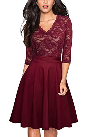 HOMEYEE Women's Chic V-Neck Lace Patchwork Flare Party Dress A062