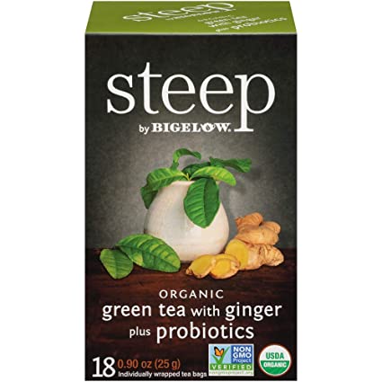 steep by Bigelow Green Tea With Ginger Plus Probiotics, 18 Count Box (Pack of 6) Caffeinated Green Tea, 108 Tea Bags Total