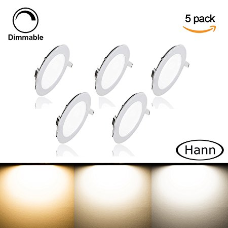 [5 Pack] Hann 6W Dimmable LED Panel Light,Ultra-thin Round Recessed Ceiling Light Lamp,40W Incandescent Equivalent,480lm,Neutral White,Cut Hole 4.1 Inch, with 110V LED Transformer(4000K,6W)