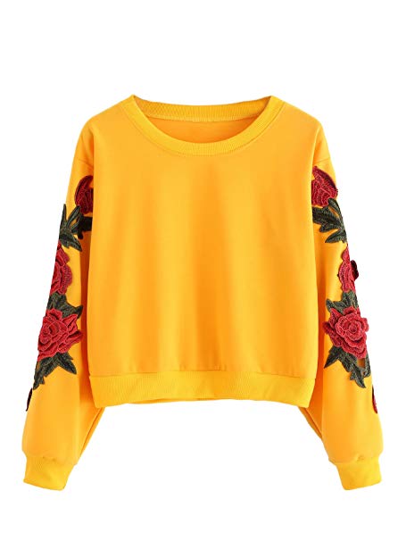 Romwe Women's Casual 3D Embroidered Crew Neck Pullover Crop Top Sweatshirt