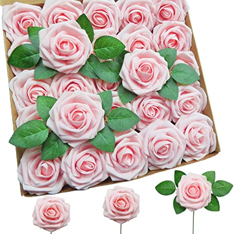 Artificial Flowers 50pcs Blush Pink Real Looking Foam Roses Fake Flowers with Stems for DIY Wedding Bouquets Party Home Centerpieces Decoration