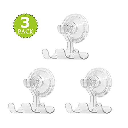 LUXEAR Suction Hooks, Clear Plastic Vacuum Suction Cup Hooks Sucker Hook Holder, Ultra Heavy Duty, Smooth Wall Shower Kitchen Window Bathroom Bag Hanger Towels Caps Holder(3 Pack)