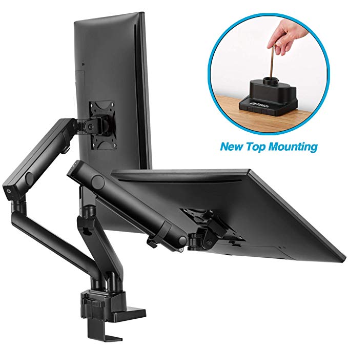 AVLT-Power Dual 32" Monitor Mount Stand - Two Height Adjustable Mechanical Spring Arms Holds 17.6 lbs Computer VESA Compatible Screens New Top Mounting Premium Aluminum