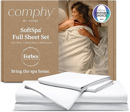 Comphy by Coop SoftSpa Bed Sheet Set of 4 Pieces, White Full, Super Soft Full Sheets Bed Set, Flat and Fitted, Luxury Spa and Hotel Quality Bed Sheets and Pillowcase Set