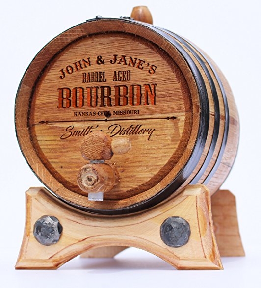 2 Liter Custom Engraved Bourbon Golden Oak Barrel - Black Steel Hoops | 30 page Aging Guide | Paper Funnel | No Leaks Guarantee