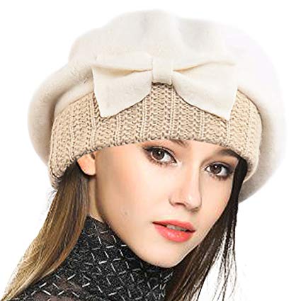 VECRY Lady French Beret 100% Wool Beret Floral Dress Beanie Winter Hat