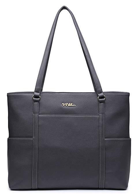 NNEE Classic Laptop Leather Tote Bag for 15 15.6 inch Notebook Computers Travel Carrying Bag with Smart Trolley Strap Design - Dark Gray