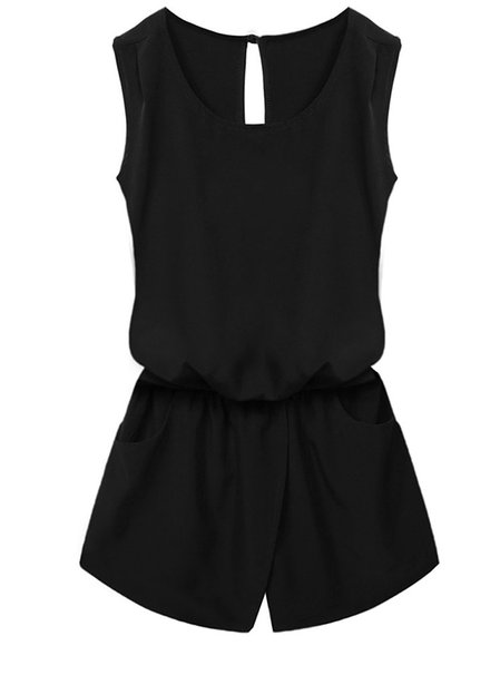 OURS Women Round Neck Sleeveless Cut Out Back Pockets Casual Romper Jumpsuit