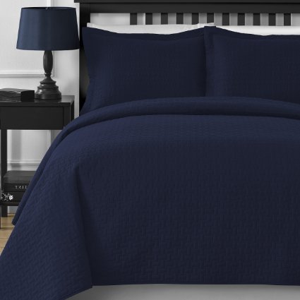 PampR Bedding Modern Wireless Thermal Pressing Frame Quilted 3-Piece Coverlet Set FullQueen Navy Blue